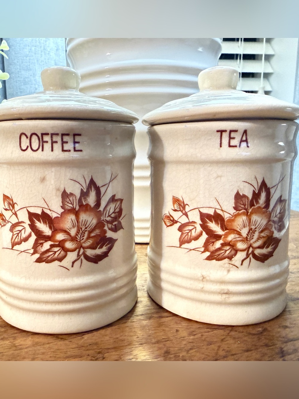 Vintage Retro Ceramic Coffee & Tea Canister Set - Brown Floral